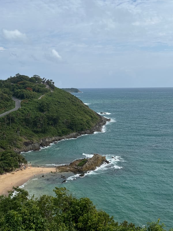Morning at Rawai beach, coastline and crowds