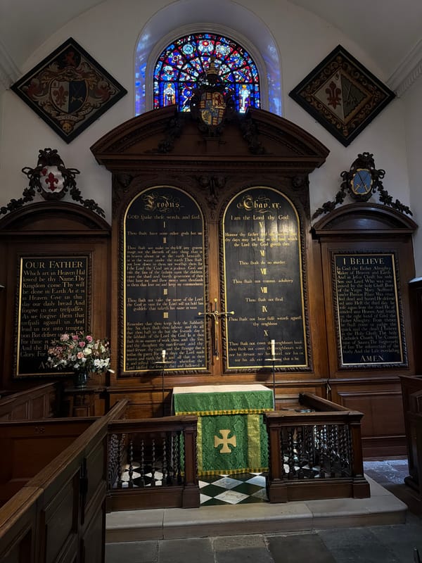 Inside St. Bartholomew's: chapel, library, and historic London views