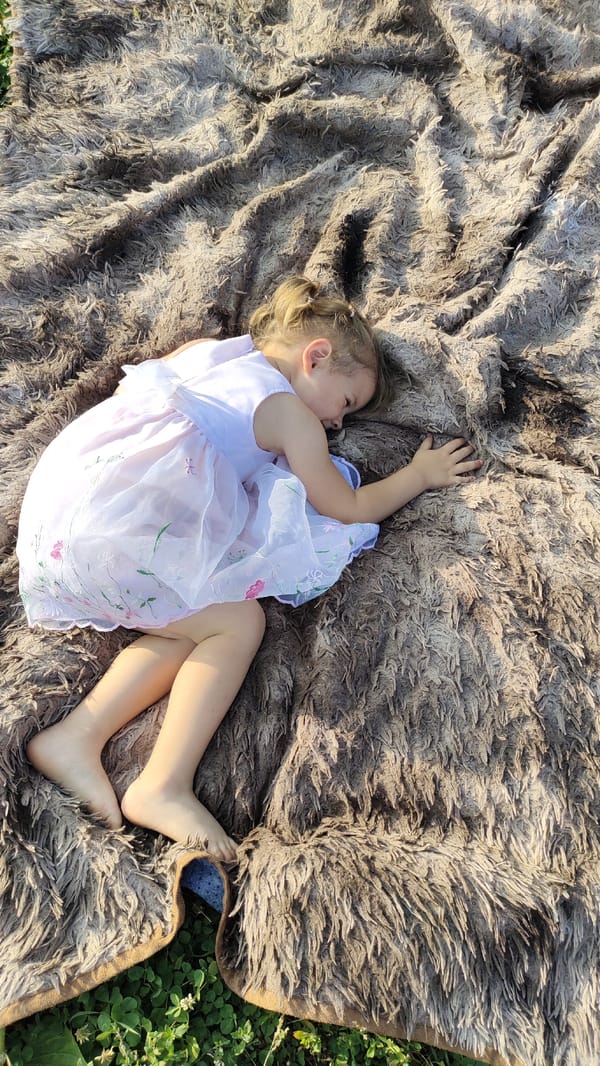 Kids on a blanket, garden watering, backyard afternoon
