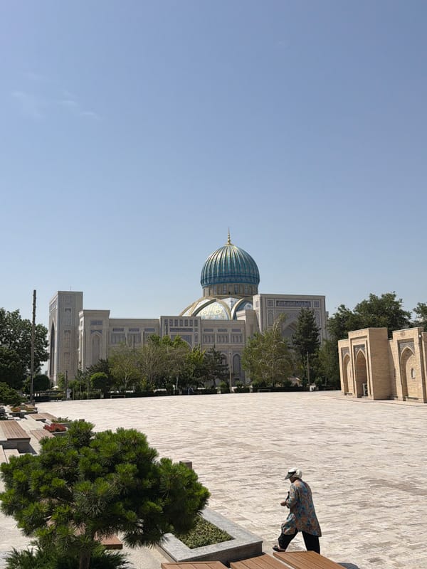Early morning tourists explore historic Islamic complex in Tashkent