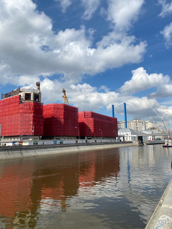 Moscow River embankment photographed under overcast skies Friday morning