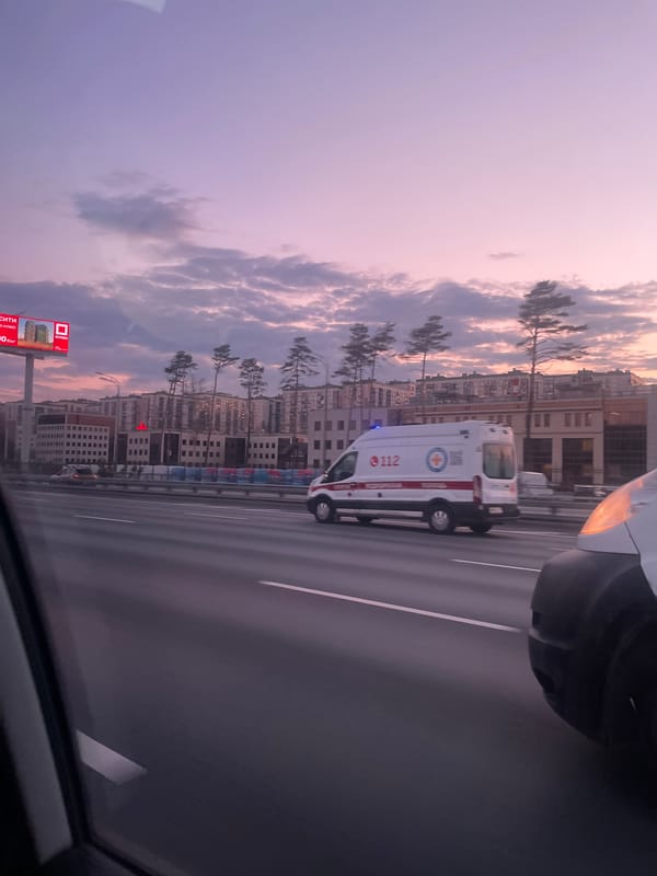 Emergency ambulance responds in Khimki, Russia during evening hours