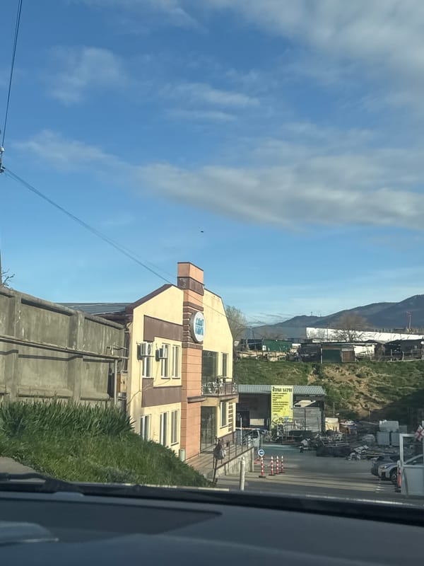 Woman travels through Tbilisi making peace sign during early morning drive