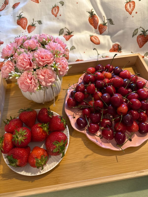Fruit display arranged on wooden tray in Wisła, Poland
