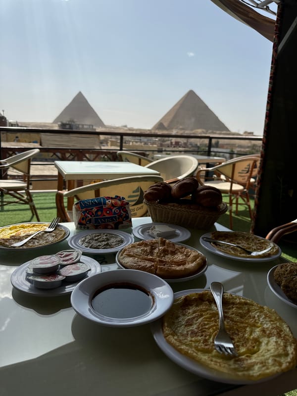 Breakfast with pyramid views documented in Giza, Egypt