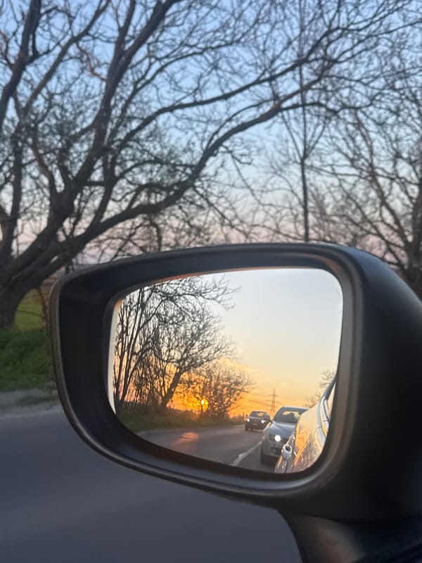 Sunset reflected in car mirror near Burgas, Bulgaria