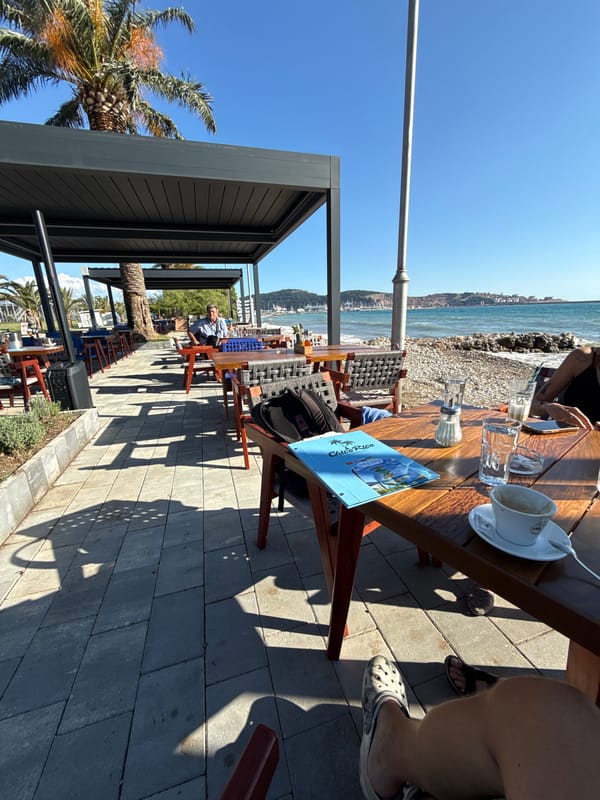 Seaside cafe visit documented in Bar, Montenegro coastal area