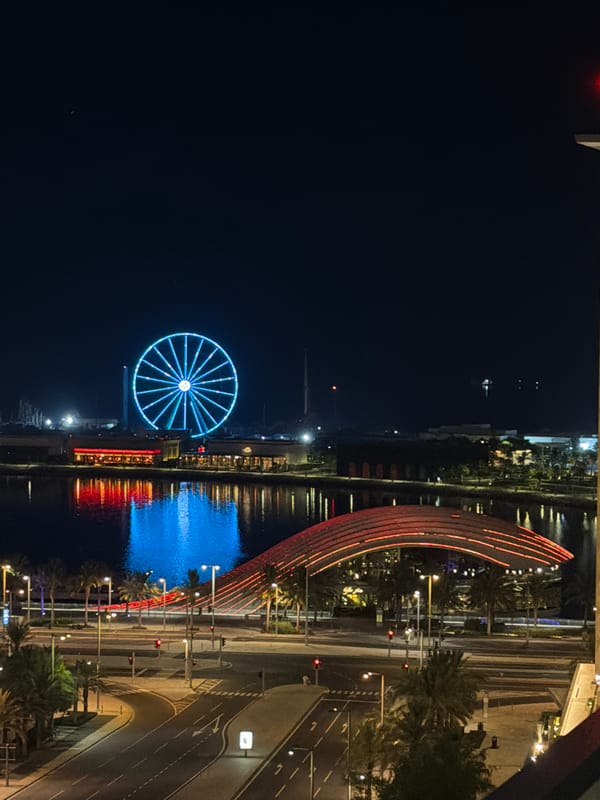 Ferris wheel lights up a city waterfront after dark