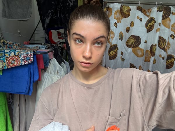 Woman photographed in two indoor locations in Chakvi, Georgia