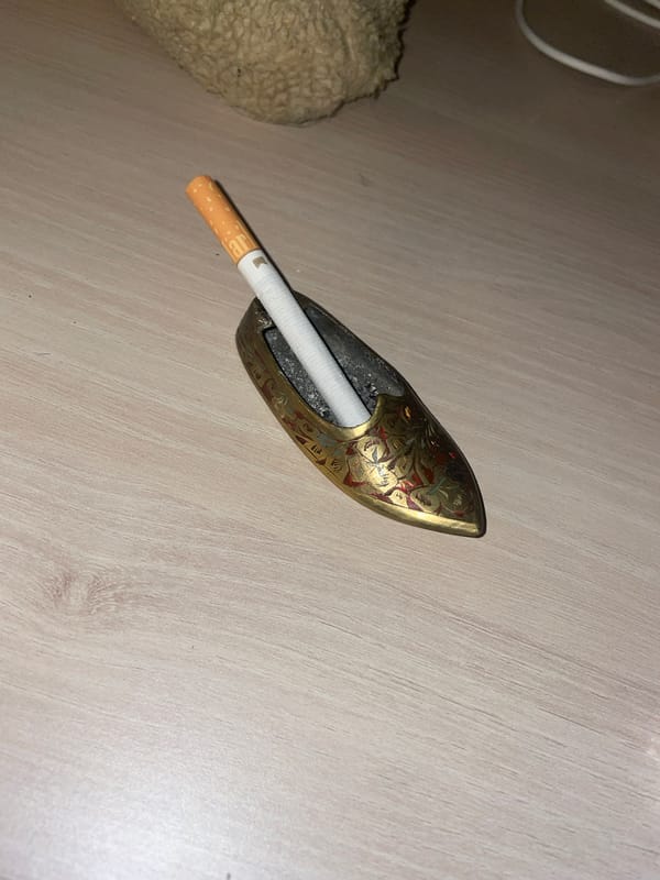 Lit cigarette observed burning in decorative ashtray in Paris