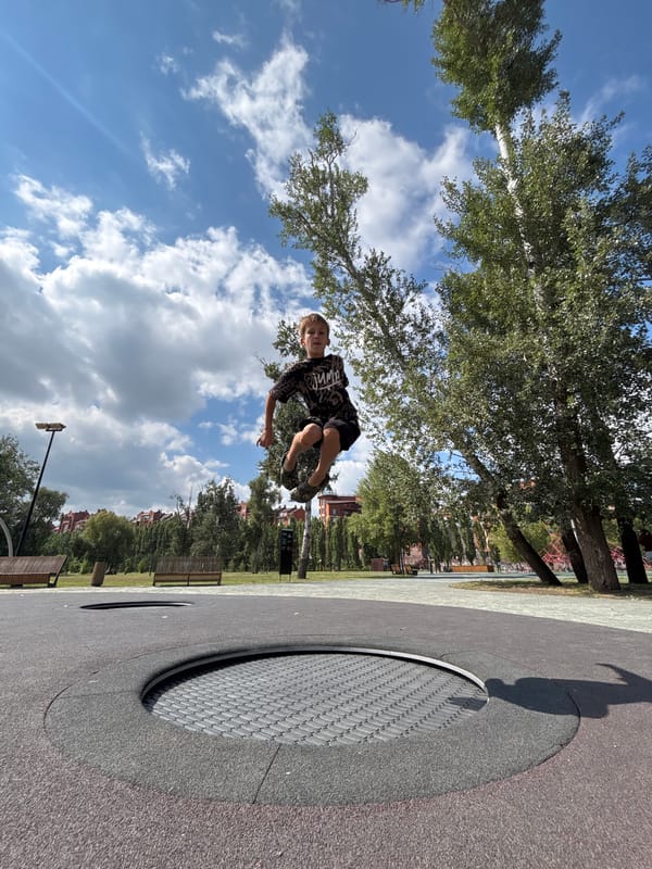 Trampolines and trails at an Orenburg summer morning