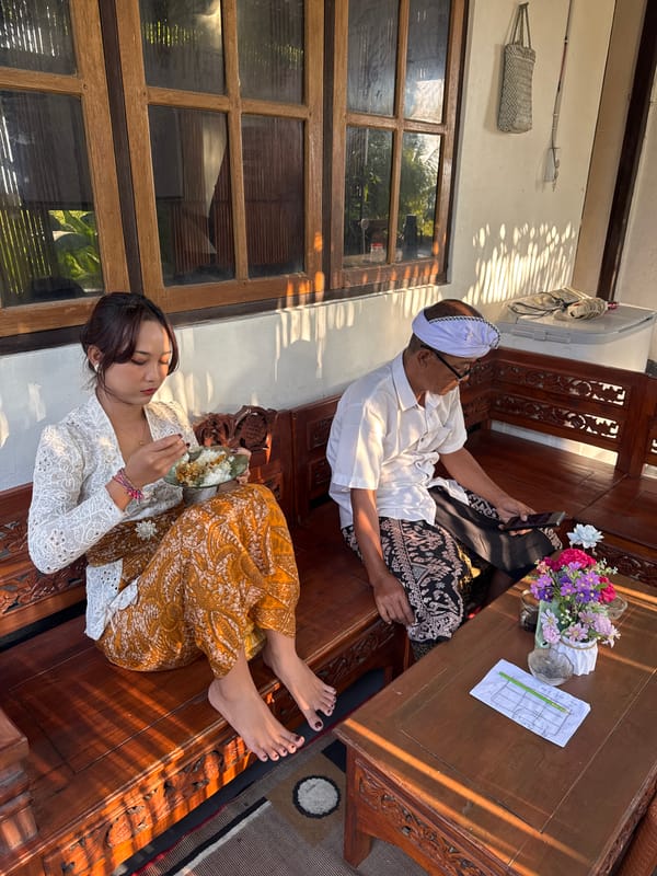 Morning gathering at a Sukasada home, traditional dress and food