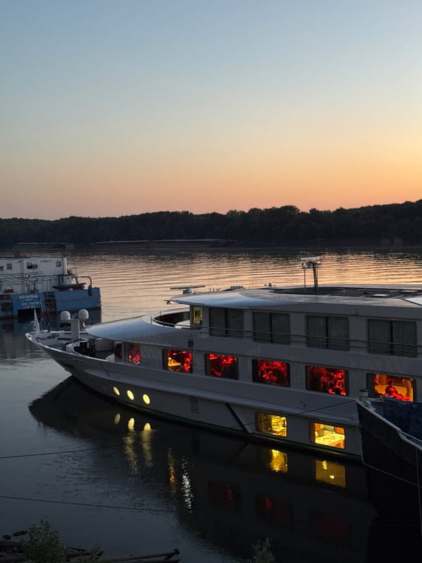 River cruise ships docked at Ruse's Danube embankment at dusk