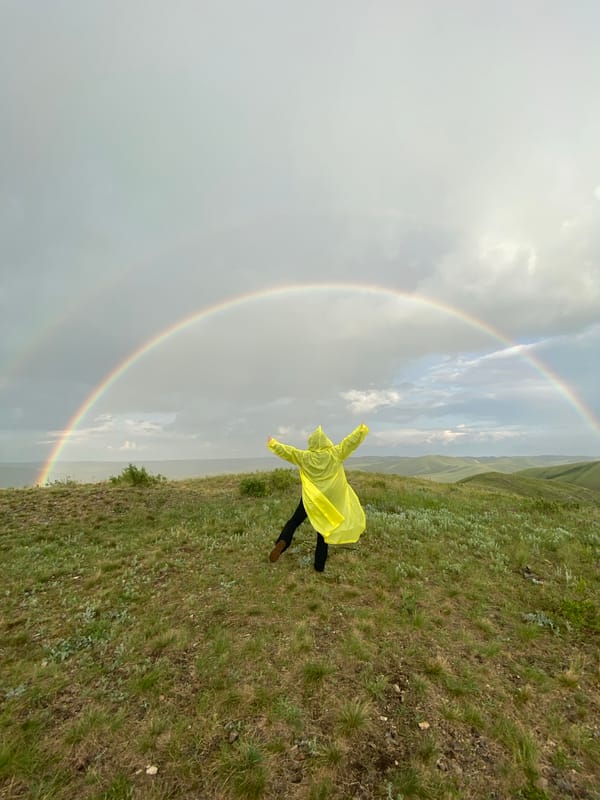 Person celebrates double rainbow on Russian hillside