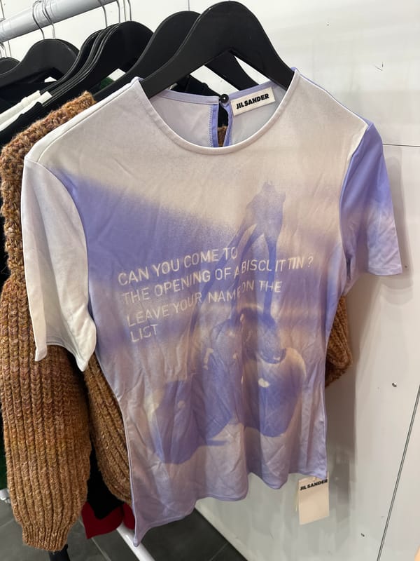 Designer t-shirt with cryptic biscuit tin message spotted in London