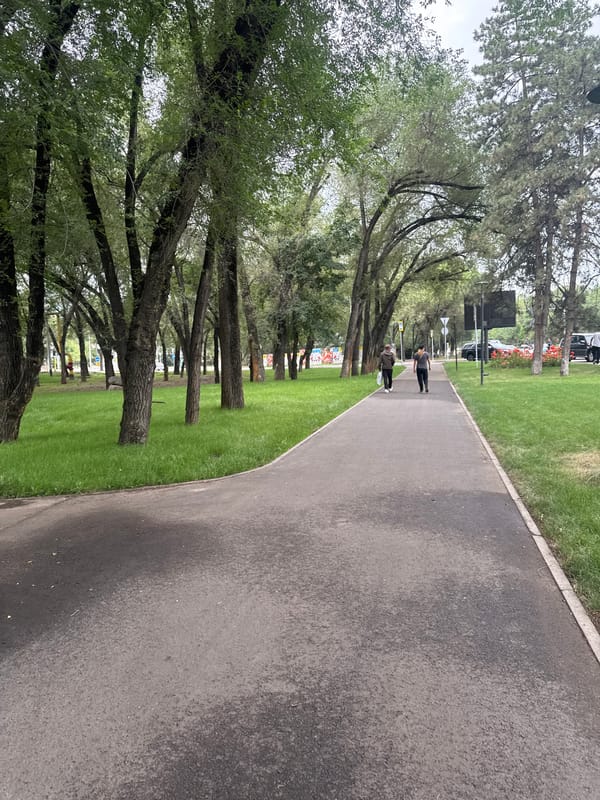 Quiet morning streets and parks around central Almaty