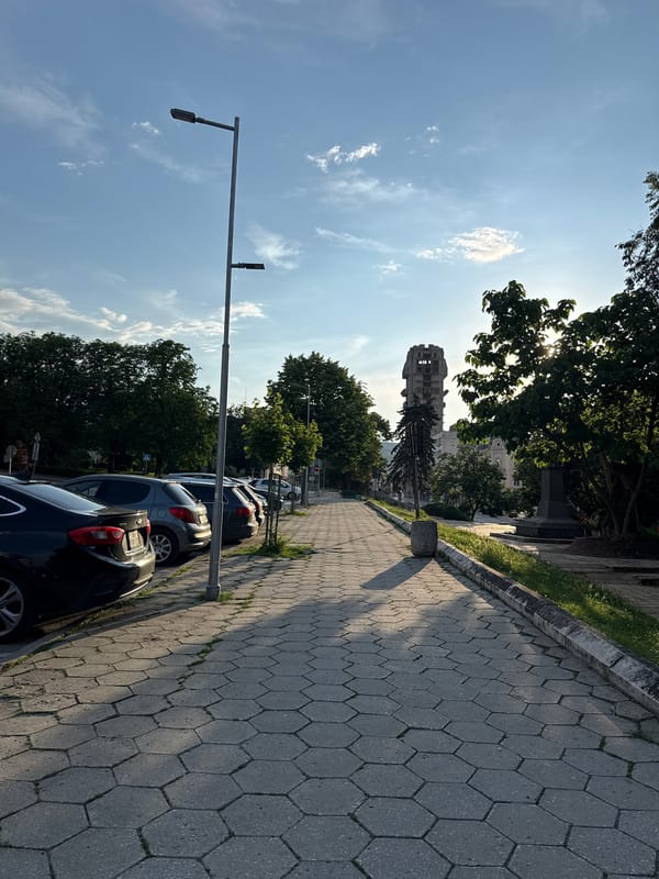 Evening construction and public spaces documented in Shumen, Bulgaria