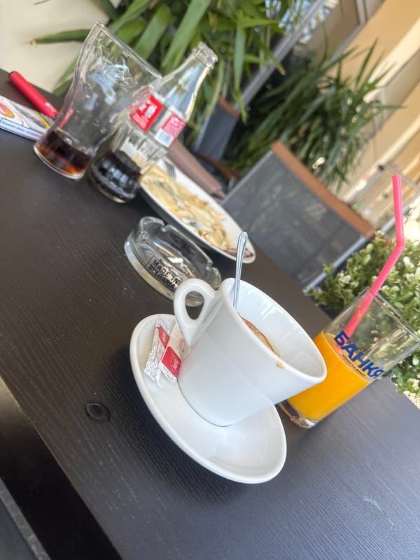 Coffee break remnants captured at Devin, Bulgaria table