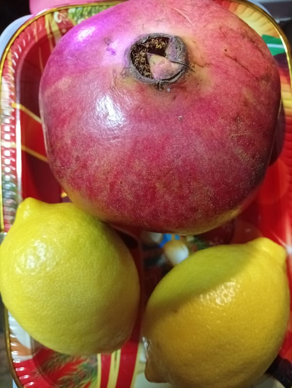 Still life at home: fruit on a tray, plush toys on a blanket