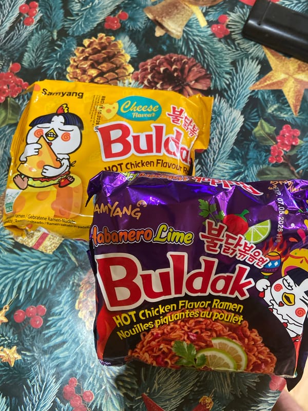 Instant noodle packets photographed on Christmas tablecloth in Sofia