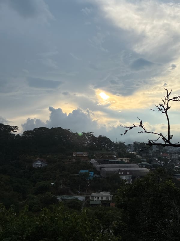 Misty morning views across Da Lat's green hills