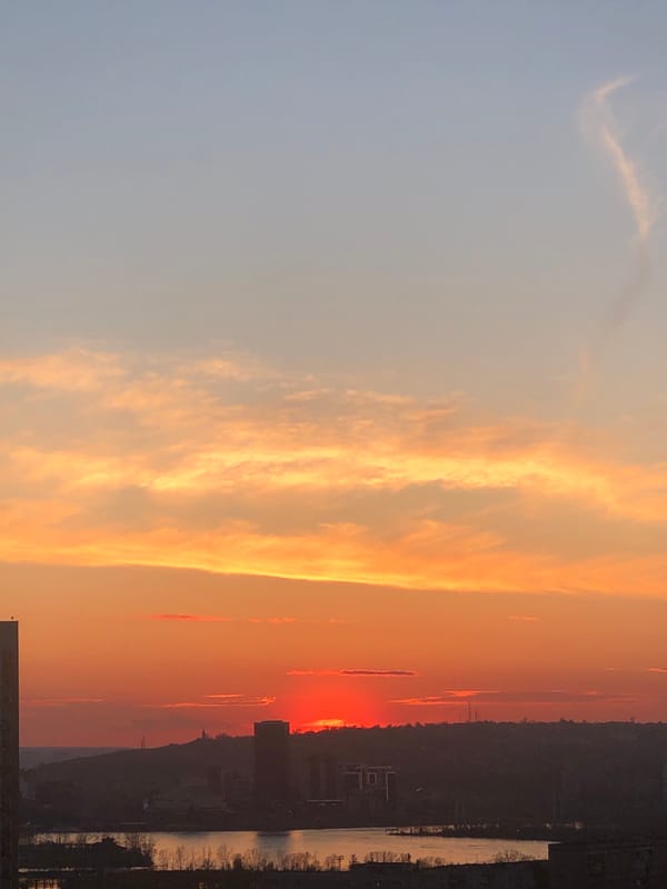 Sunset observed over Krasnoyarsk, Russia displays colorful sky gradient