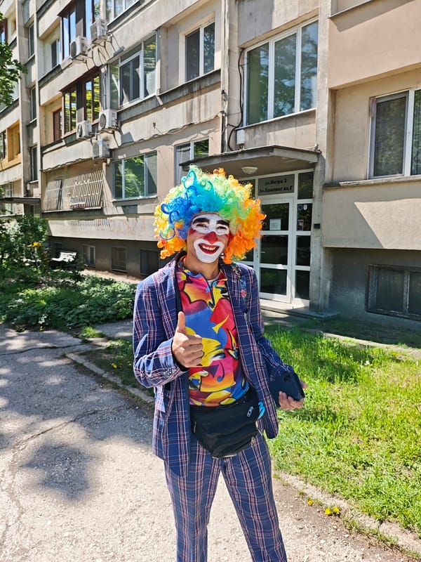 Costumed clown spotted on sidewalk in Ruse, Bulgaria