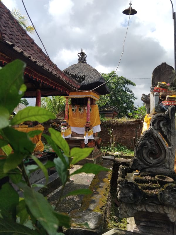 Balinese temple offerings and shrines, mid-ceremony