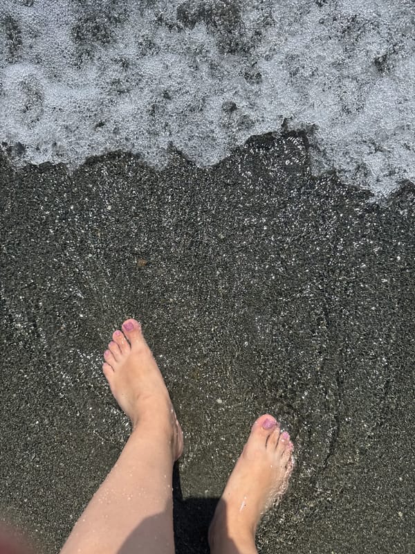 Wading the dark pebble shore of a lake in Armenia
