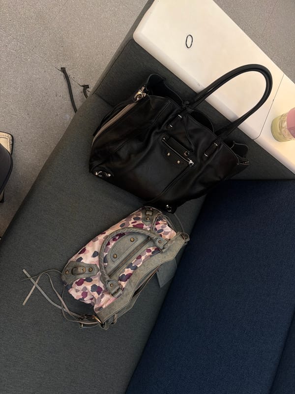 Two handbags documented on furniture in Seoul