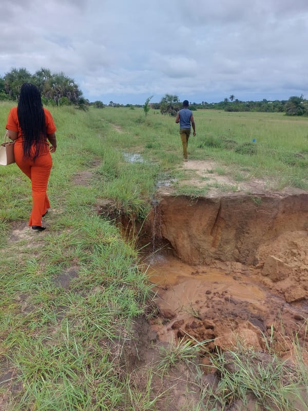 Two people examine phones in field near Dar es Salaam