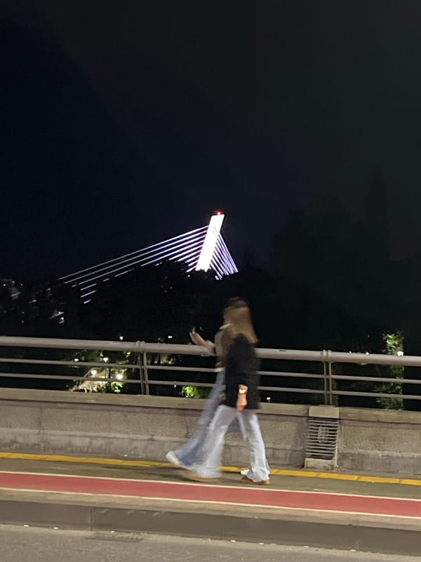 Person spotted near illuminated bridge in Podgorica nighttime
