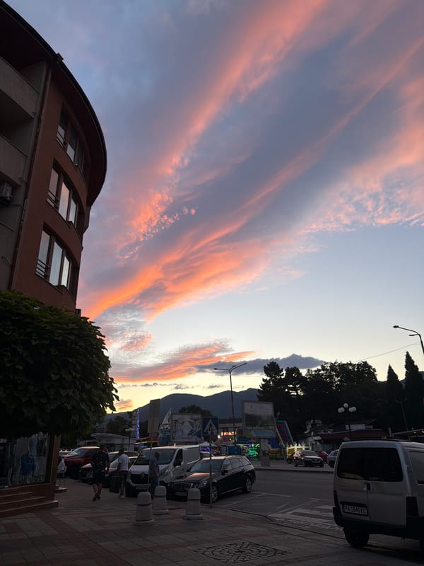 Sunset backdrop and a cheerful penguin statue share the scene