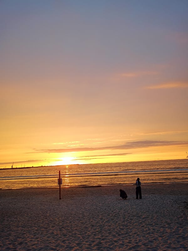 Tallinn beach at sunset, sky fading orange to blue