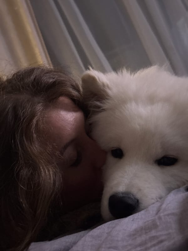 Woman shares quiet evening moments with dog in Chaikovsky