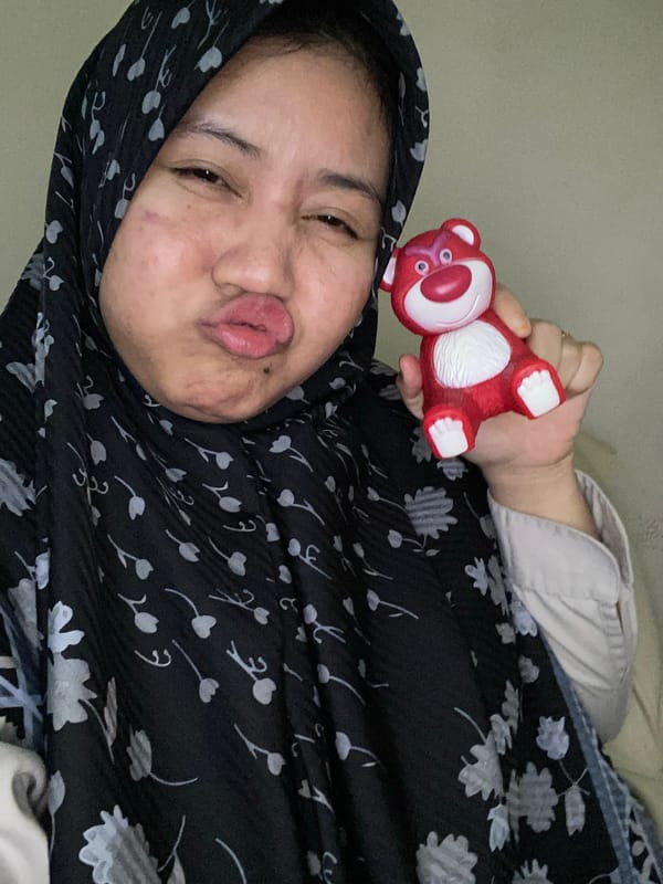 Selfie session with a Lotso bear toy in Banjarbaru