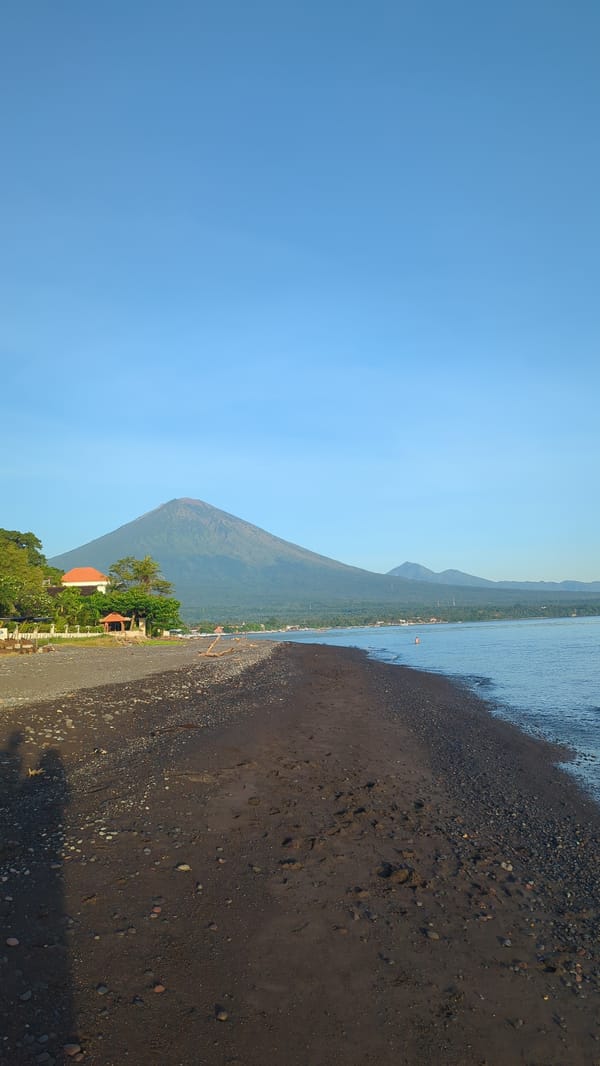 Coastal scenes captured in Abang, Indonesia show beach and seaside residence