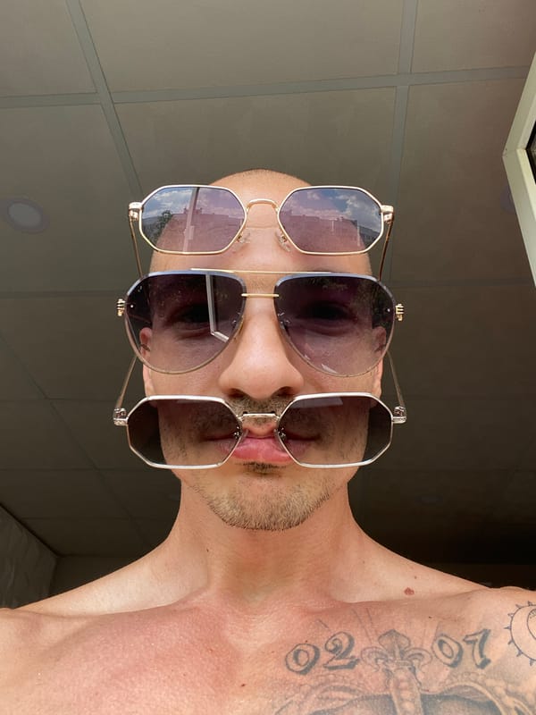 Three pairs of stacked sunglasses, two angles, Pleven