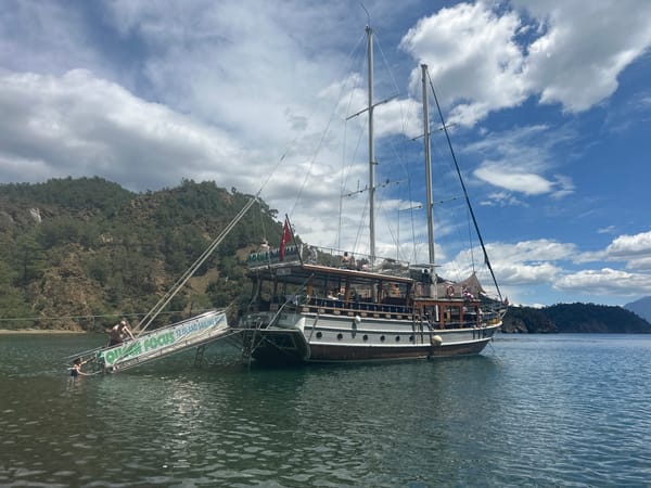 Traditional gulet sailing vessel anchored in Fethiye bay, Turkey