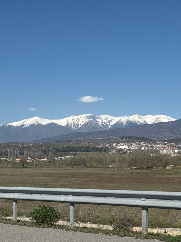 Snow-covered mountains viewed from Pokrovnik, Bulgaria outskirts