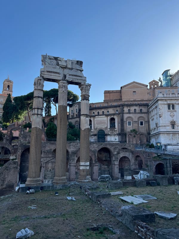 Tourist documents sunny afternoon tour of Roman Forum ruins