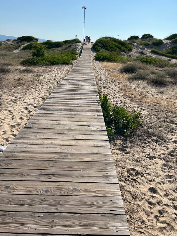Sandy beach and boardwalk scene along the Nesebar coastline