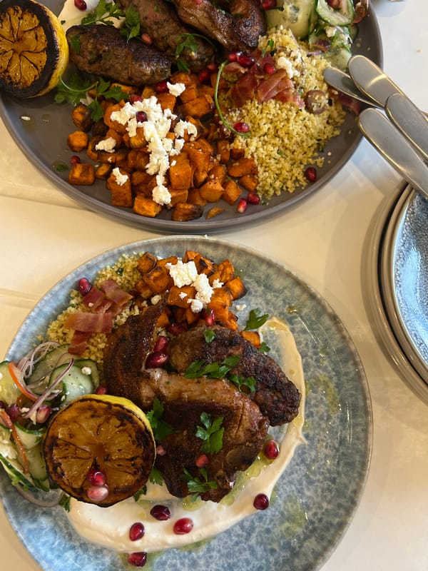 Home cook prepares lamb dinner with Mediterranean sides in London