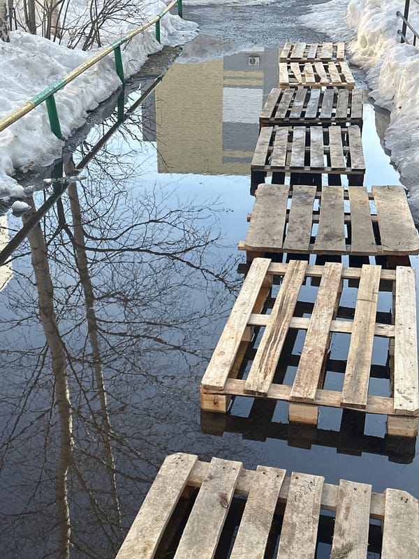 Submerged wooden pallets observed in icy waters near Surgut