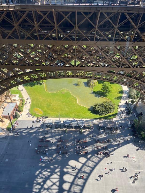 Overhead view captured from inside Eiffel Tower structure