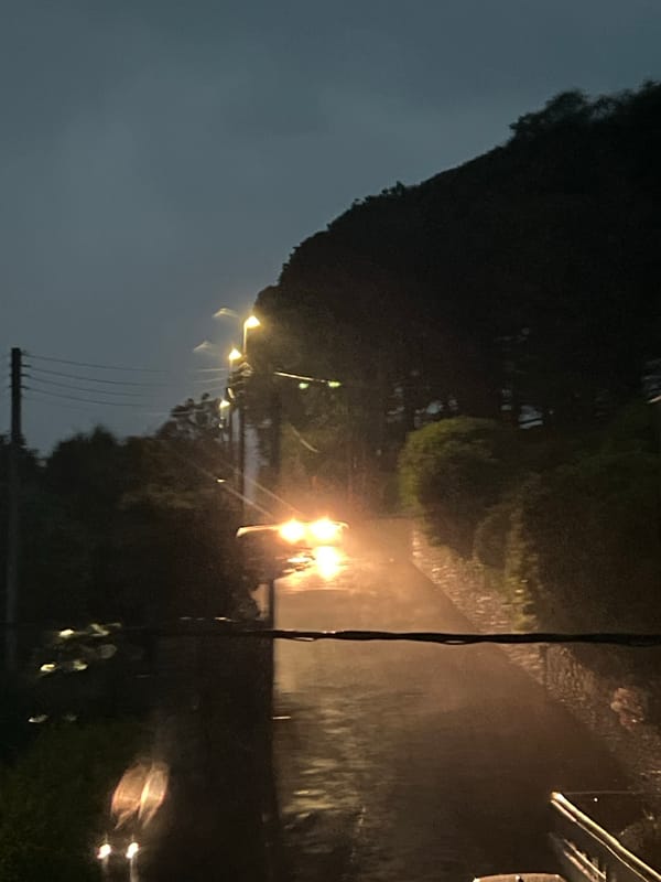 Wet streets and dusk light in a rainy Mountcharles evening