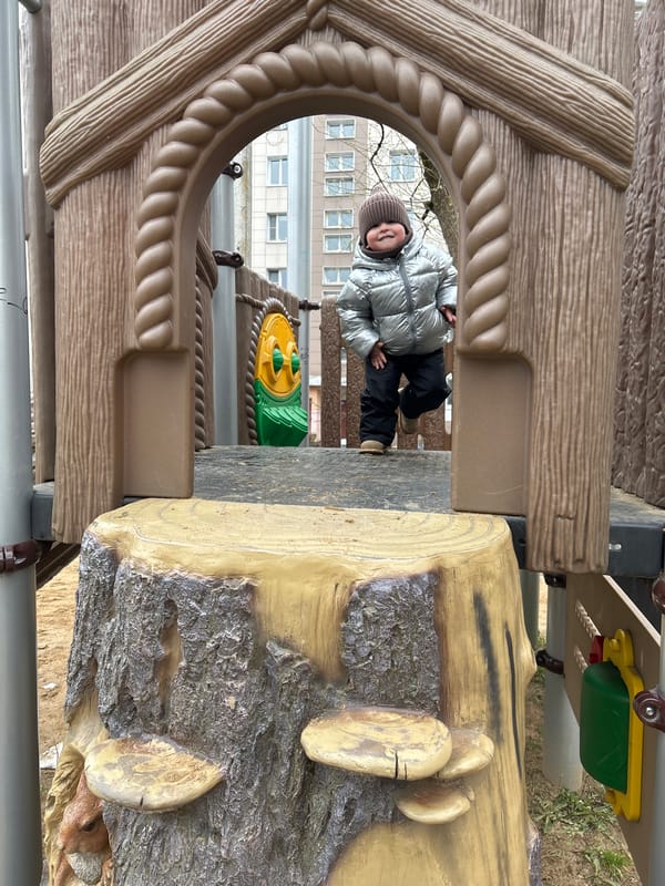 Child plays in treehouse structure at Klin playground