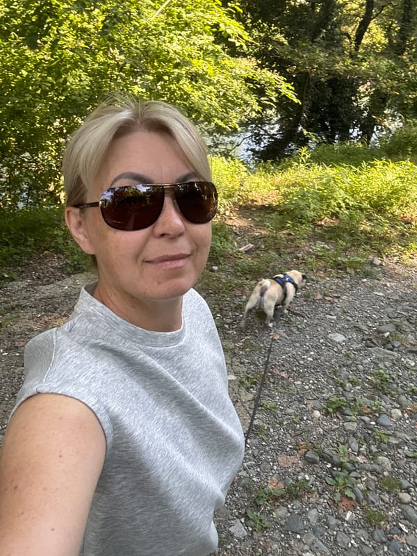 Pug walk along the Mzymta River, Sochi