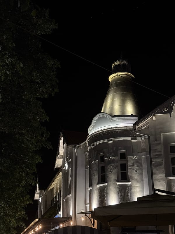 Illuminated baroque church photographed at night in Serbian municipality