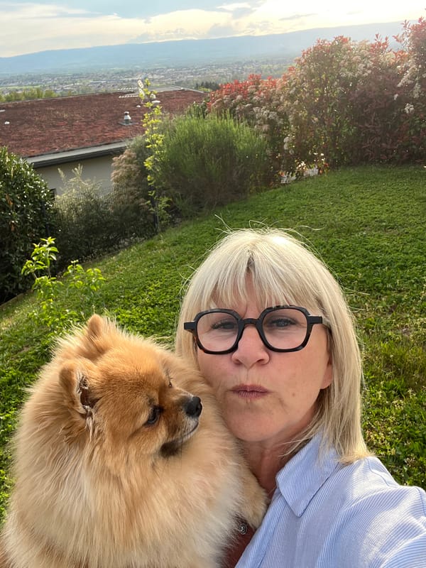 Woman takes selfies with dog in Chambœuf, France